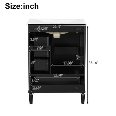Meuble-lavabo moderne de 24 po avec lavabo en céramique, porte à fermeture douce, 3 tiroirs, poignées dorées et support de porte pour un rangement peu encombrant