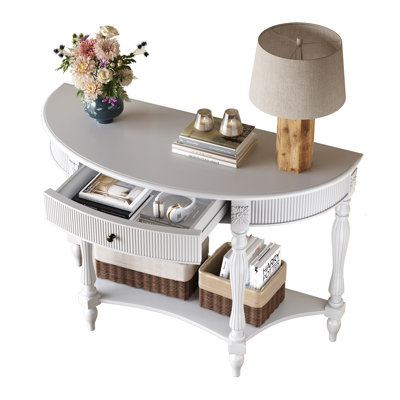 Console demi-lune en bois massif avec tiroir et tablette, table d'entrée incurvée cannelée rétro pour vestibule de salon de couloir, table de canapé à espace étroit avec pieds romains sculptés