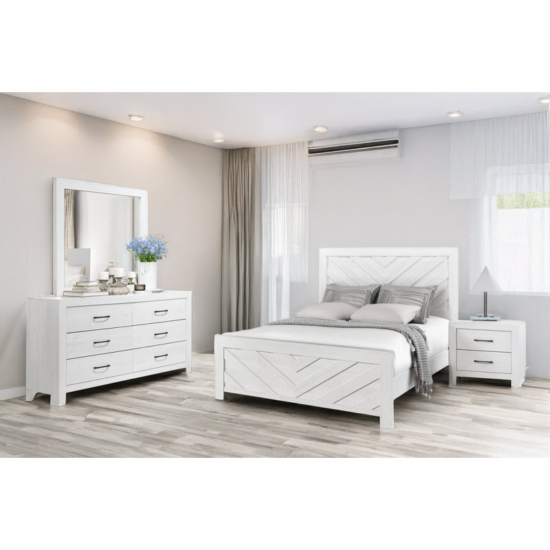 Sibby Rustic White Panel Bedroom Set, Blanc rustique, Très grand, Ensemble de cinq pièces : lit, table de chevet, c
