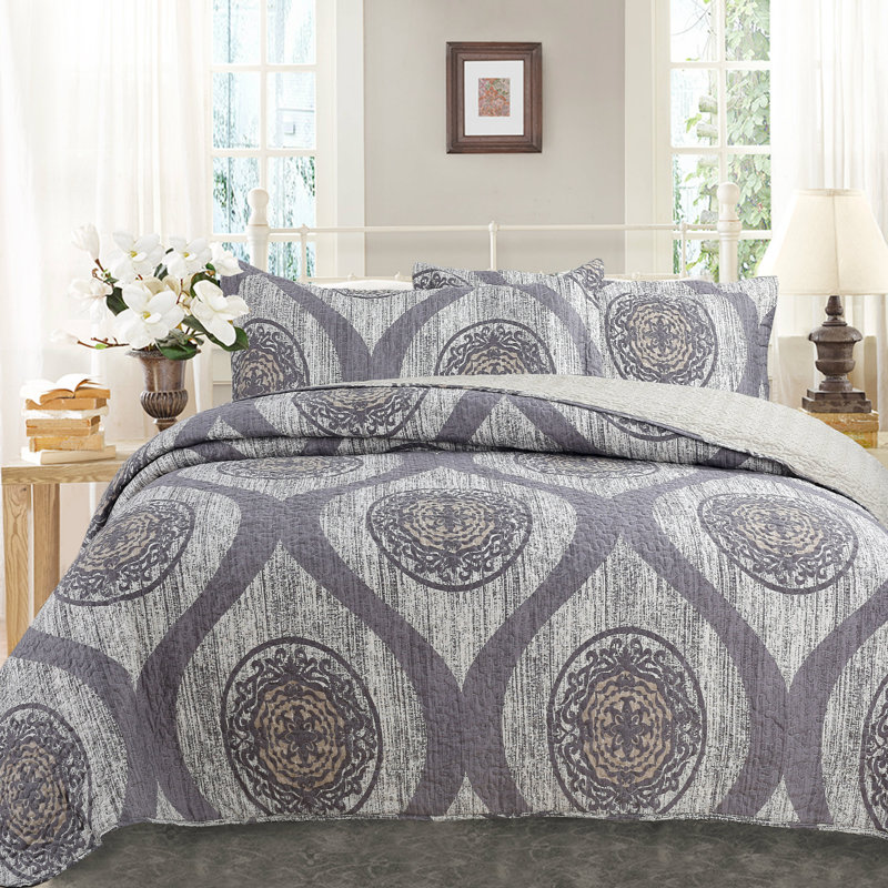 Bungalow Rose Charcoal Gray Medallion Quilted Bedspread Set - Modern Floral Mosaic Design, Full Quilt + 2 Standard Shams