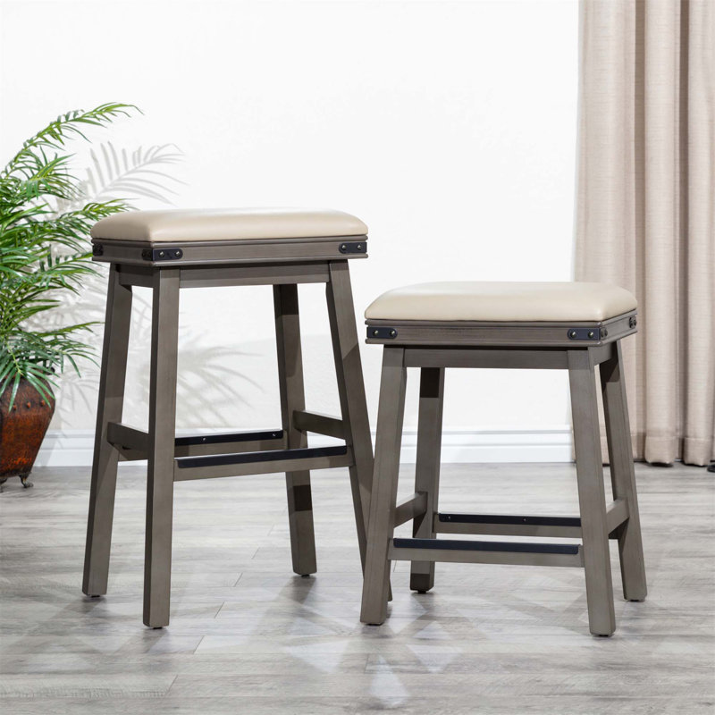 Tabouret de comptoir, siège en cuir, Gris français, Gris patiné