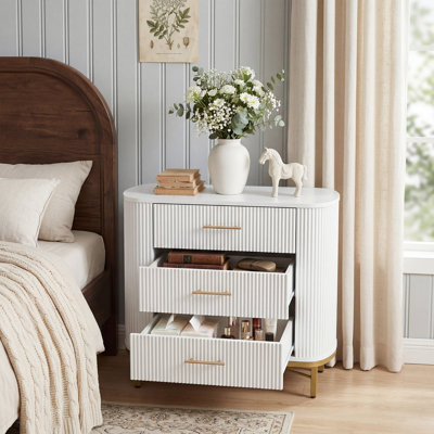Modern White 3-Drawer Nightstand, Fluted Bedside Table