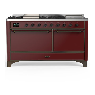 Majestic III Series 60 Inch Dual Fuel Range with 7 Sealed Burners, Griddle, Frenchtop in Burgundy (Natural Gas, Burnished Trim)