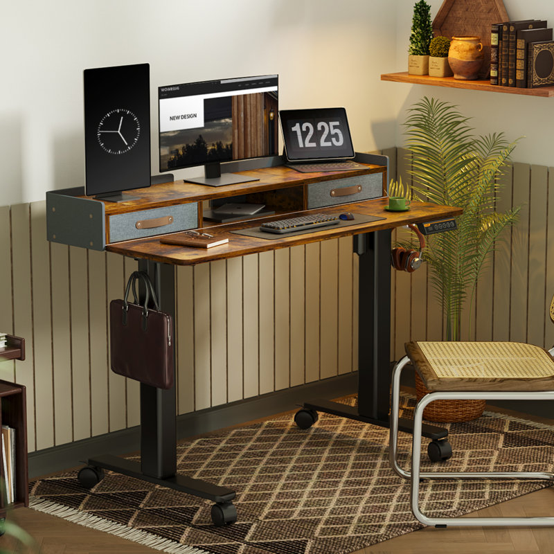 Tarzan Height Adjustable Standing Desk with Drawers and Hooks, White, 46.5" H x 55.1" W x 23.6" D