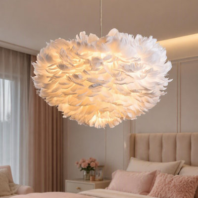 3 Light Modern Romantic White Feather Chandelier with Real Goose Feathers Semi Flush Mount Ceiling Light for Girls Room Bedroom Living Room 18 Inch