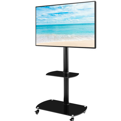 Bureau de télévision à hauteur ajustable avec tablettes en verre trempé, compatible avec les téléviseurs de 32 à 65 pouces, structure en métal, roues verrouillables, panneaux et base de support pratiques, s'adapte aux téléviseurs, aux angles, au design attrayant