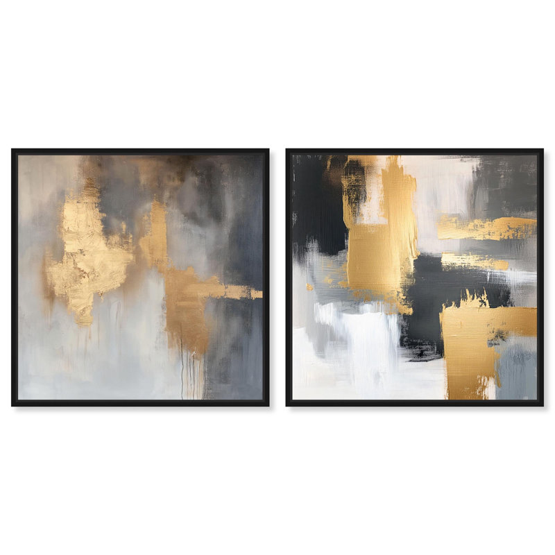 «Gilded Tranquil Abstract Art», ensemble de 2 panneaux sur toile par , H 25 po x l 25 po, Noir