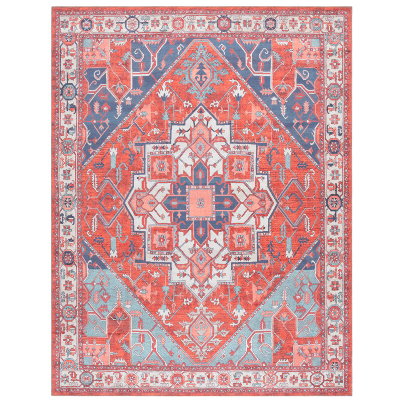 Wassay Cotton/Chenille Machine Washable Southwestern Rug in Rust/Blue, Rectangle 8' x 10'