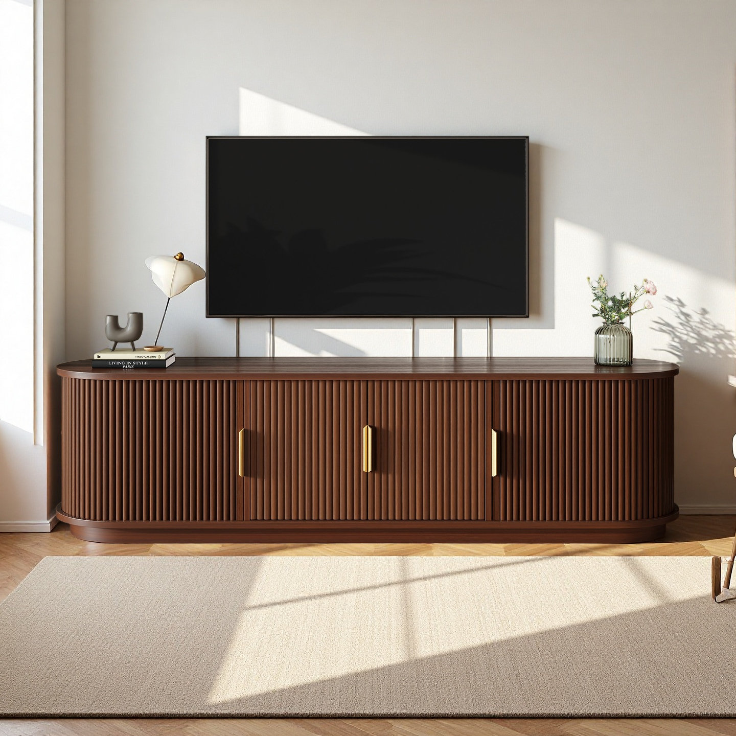 Latitude Run® Farmhouse Wooden TV Stand for TVs up to 75" with Sliding Tambour Doors, Fluted Media Console with Adjustable Shelves, Golden Handles & Cable Management for Living Room | Wayfair