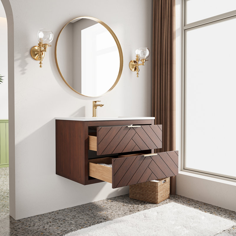 30" Floating Bathroom Vanity with Integrated Ceramic Sink, Walnut