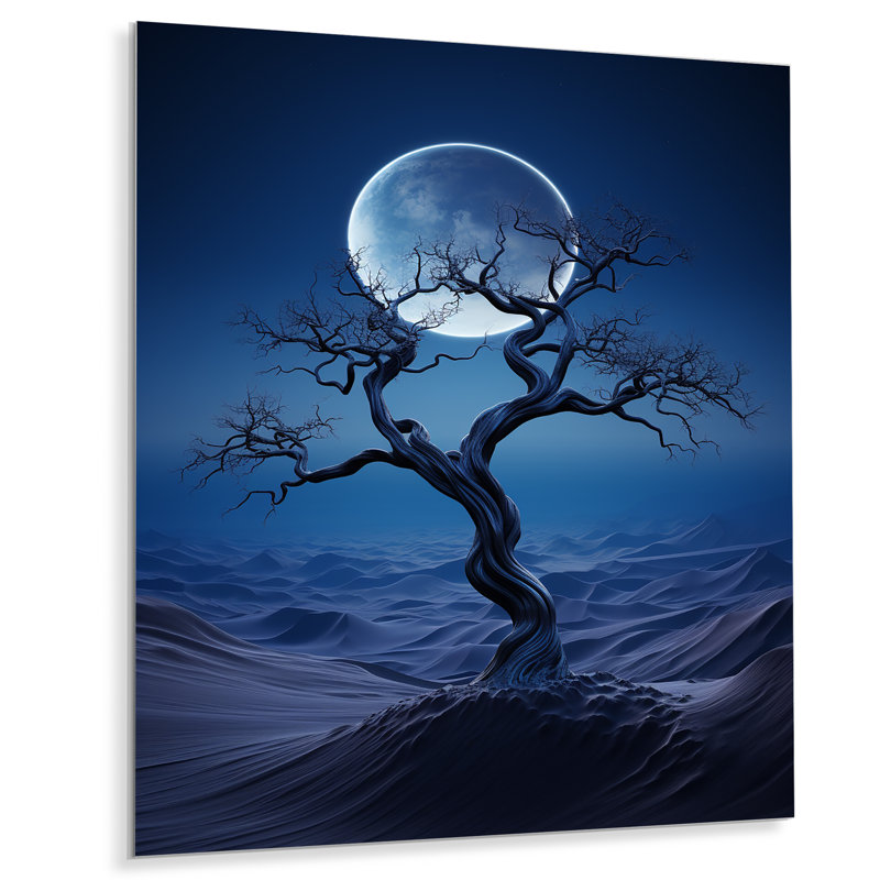 «Blue Moonlit Tree In Desert I» - art mural désert en métal, H 20 po x l 12 po x P 1 po