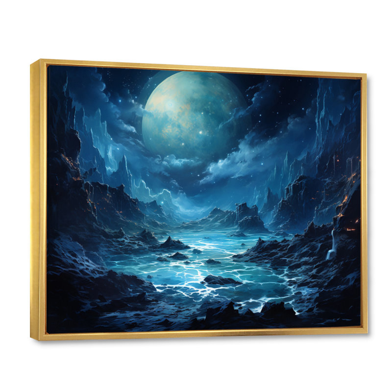 Planet Neptune Deep Blue I - Neptune Canvas Wall Art, H 24 po x l 32 po x P 1 po, Cadre flottant doré