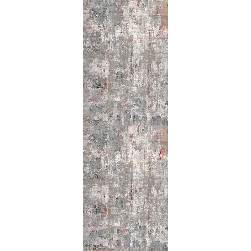 Rug Branch Aeris 2' x 8' (2'3" x 8') Grey/Red Distressed Abstract Indoor Runner Rug, Comtemporary, Medium Pile, Stain-Resistant Hallway Carpet - Entryway, Mudroom, Bedroom, and Kitchen