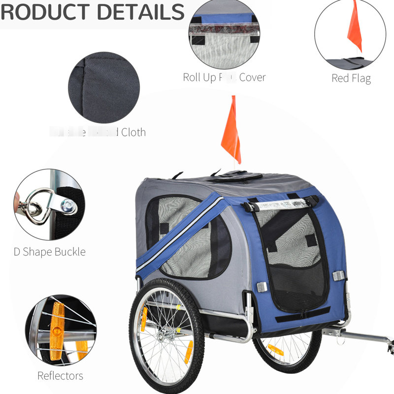 Chariot pour bicyclette - roues de 20 po, bleu / gris, roulement doux, 3 entrées