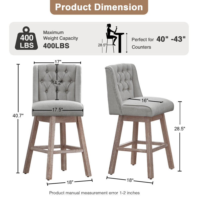 Terron 360° Swivel Barstool with Solid Wood Legs, Gray, Bar Stool (28.5" Seat Height)