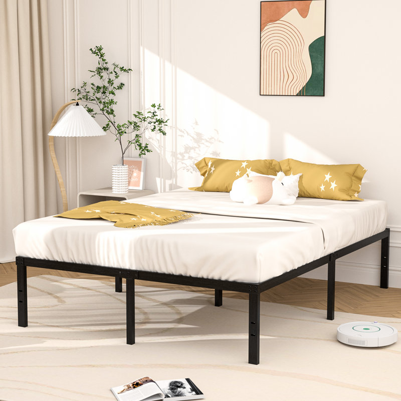 Turberville 16'' Black Metal Platform Bed Frame With Steel Slat Support, No Box Spring Needed, Queen