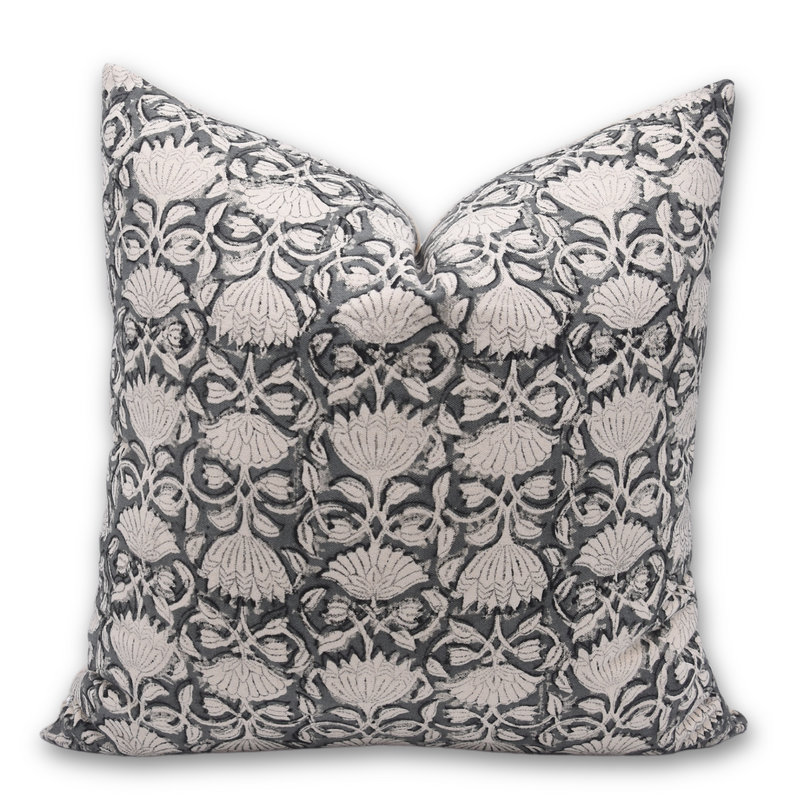 Boho Block Print Pillow Cover Gray Cotton Throw Cushion for Sofa, Bedroom, Couch-14x14 Inch , 14" x 14", Square