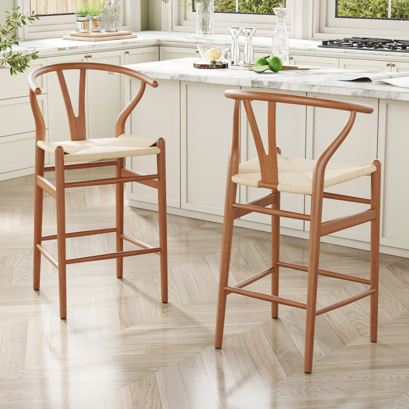 Tabouret de bar Mid-Century entièrement assemblé en bois de rotin pour îlot de cuisine et salle à manger