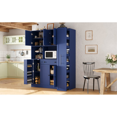 Buffet de cuisine traditionnel autoportant avec huche, grand garde-manger avec armoire latérale coulissante, tablettes de porte et tiroir, bleu