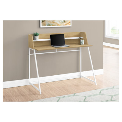 Bureau d'ordinateur de 48 pouces avec huche et tablette de rangement, finition en bois naturel avec base en métal blanc