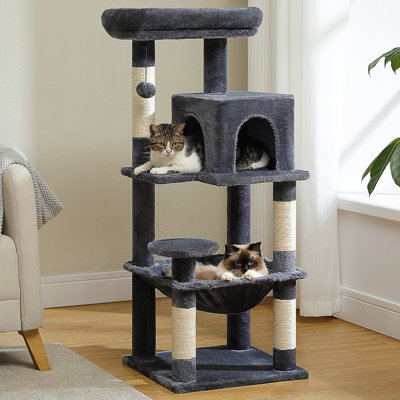 Arbre à chat pour chats d'intérieur, tour à chat à 5 niveaux pour grands chats avec grand hamac à structure en métal (17,3 po x 15,3 po), condo pour chat avec perchoir à grand toit (18,5 po x 13 po) et 4 poteaux à griffer recouverts de sisal gris