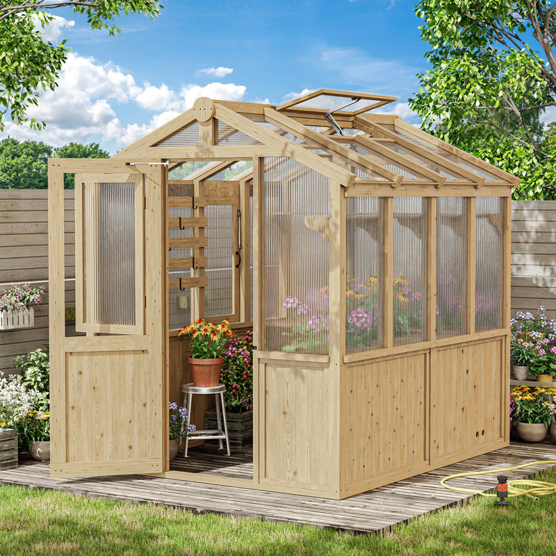 6Ft X 8Ft Solid Wood Walk-in Polycarbonate Greenhouse with UV Protection