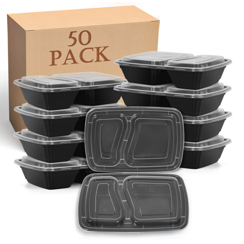 50-Pack Disposable A9 2-Compartment Meal Prep Containers