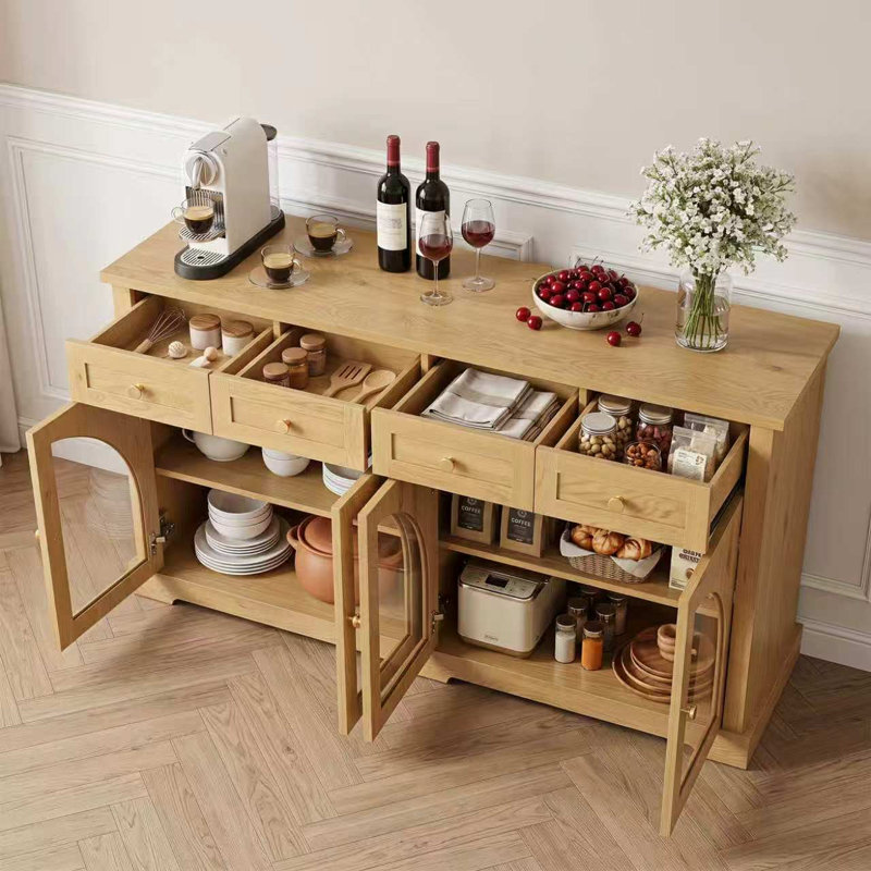 Buffet 60 po avec 4 portes en verre arquées et tablettes réglables, Natural