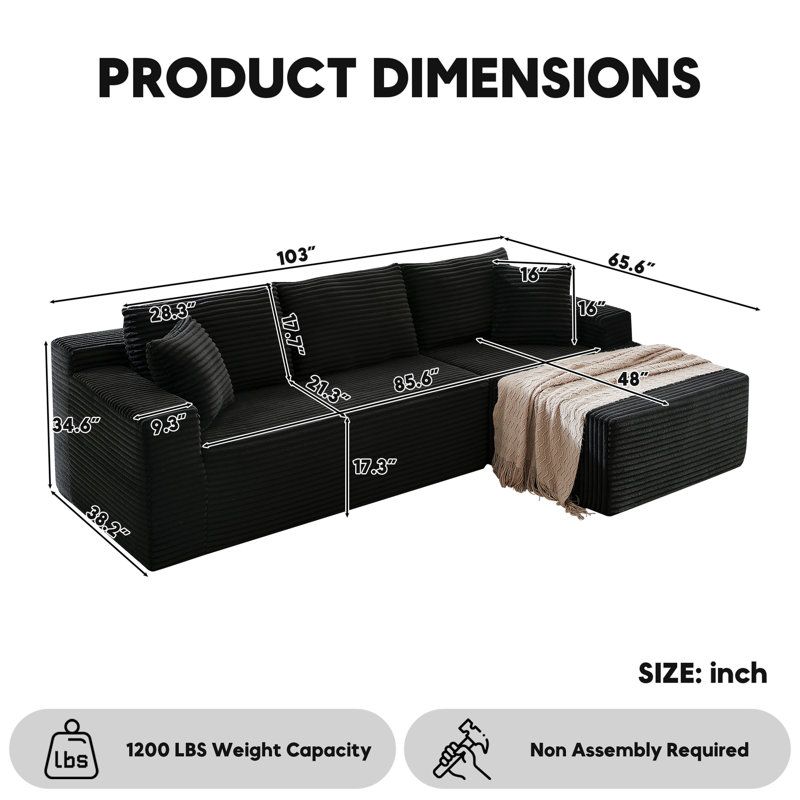 Frameless Modular Sectional Sofa, Cloud Sofa Bed, Right Hand Facing, Black
