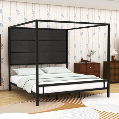 Metal Canopy Bed Frame with Upholstered Headboard