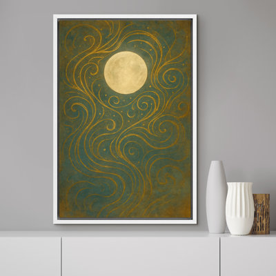 Pleine lune avec lignes dorées fluides sur fond vert foncé, impression sur toile encadrée
