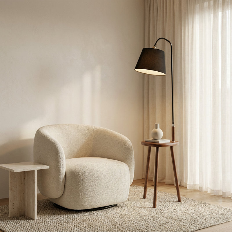 Lampadaire artisanal noir/noyer avec abat-jour à tambour