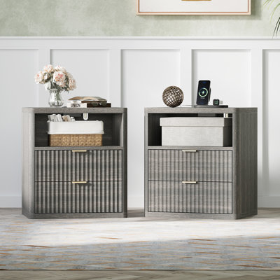 Valerica 2-Drawer Fluted Nightsatnd with Charging Station