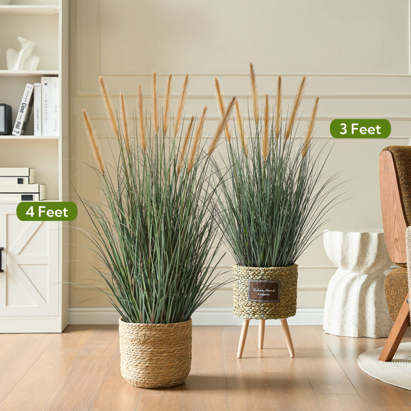 4ft Artificial Onion Grass Plant with 7 Feathery Flower Heads, Faux Horsetail Reed Grass in Pot, Indoor Outdoor Realistic Floor Greenery for Home Office Décor