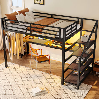 Lit mezzanine simple TG avec bureau et escalier de rangement, lumières à DEL en métal noir, ports, filets en fer multifonctionnels, silencieux, bureau, prises de courant, bruit intense,