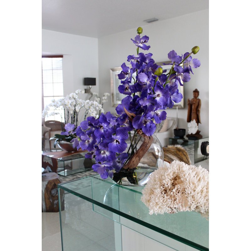 Driftwood and Vanda Orhcis Floral Arrangement in Large Moon Vase, 24" H x 22" W x 8" D
