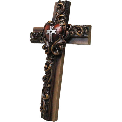 Rustique sculpté à volutes florales sculptées avec croix murale multicolore cœur rouge