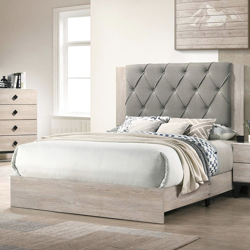 Lit pour grand lit, thème crème et gris, tête de lit, tête de lit en bois d'hévéa gris, cadre, Crème, crème, Grand lit