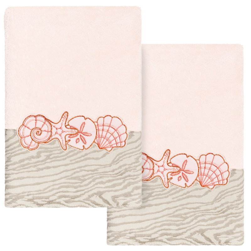 SHELL ROW 2PC Embellished Hand Towel Set 100% Turkish Cotton Hand Towel, Blush