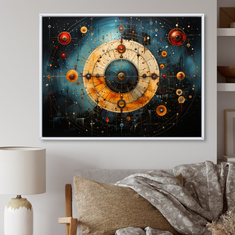 «Yellow Teal Astrology Celestial Alignment I», reproduction d'art sur toile encadrée, H 16 po x l 32 po x P 1 po