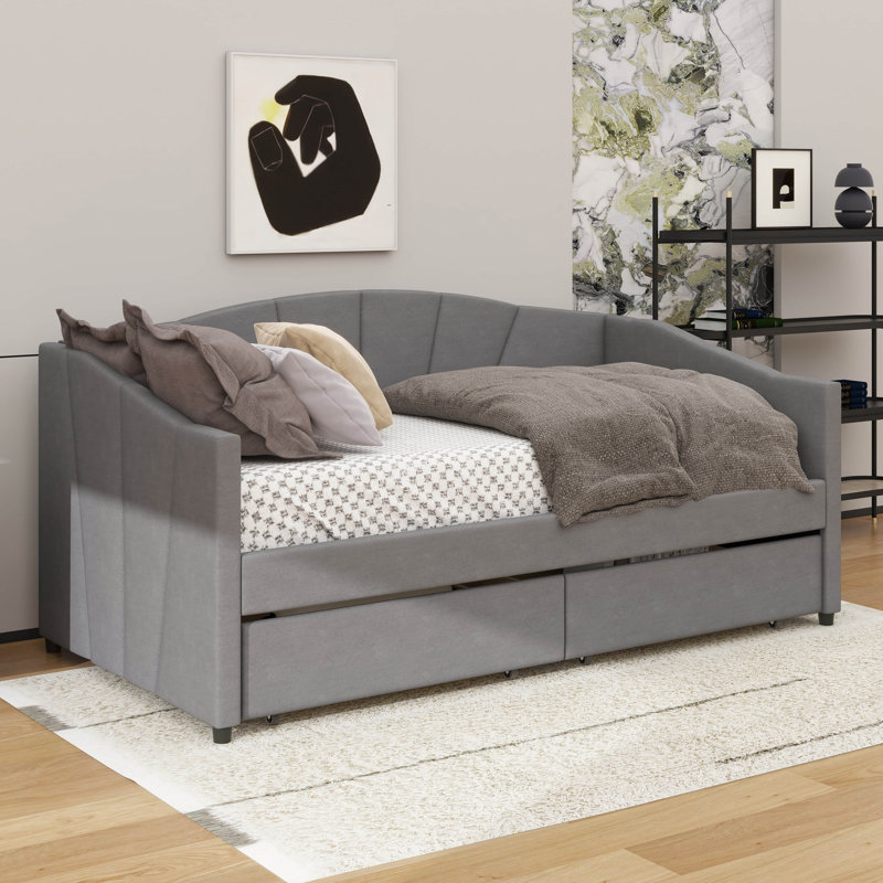 Upholstered Twin Size Daybed With Two Drawers, Gray