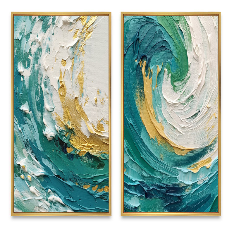 «Teal surreal spirals» - 2 pièces, Encadrement doré, H 32 po x l 32 po