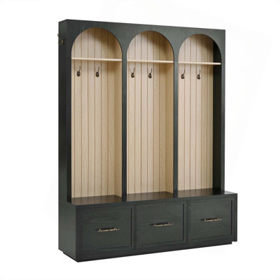 Farmhouse Wooden Style Hall Tree With Arched Design,Elegant Entryway Bench With Retro Hooks For Mudroom, Living Room