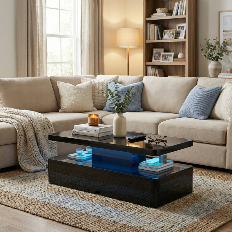 Table basse moderne à haute brillance avec lumière DEL, table de cocktail lumineuse à double couche pour le salon Petit décor à la maison