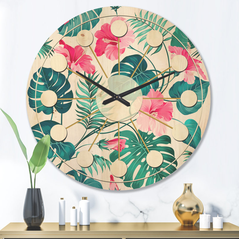 Horloge murale en bois Tropical Botanicals and Flowers, Très grand