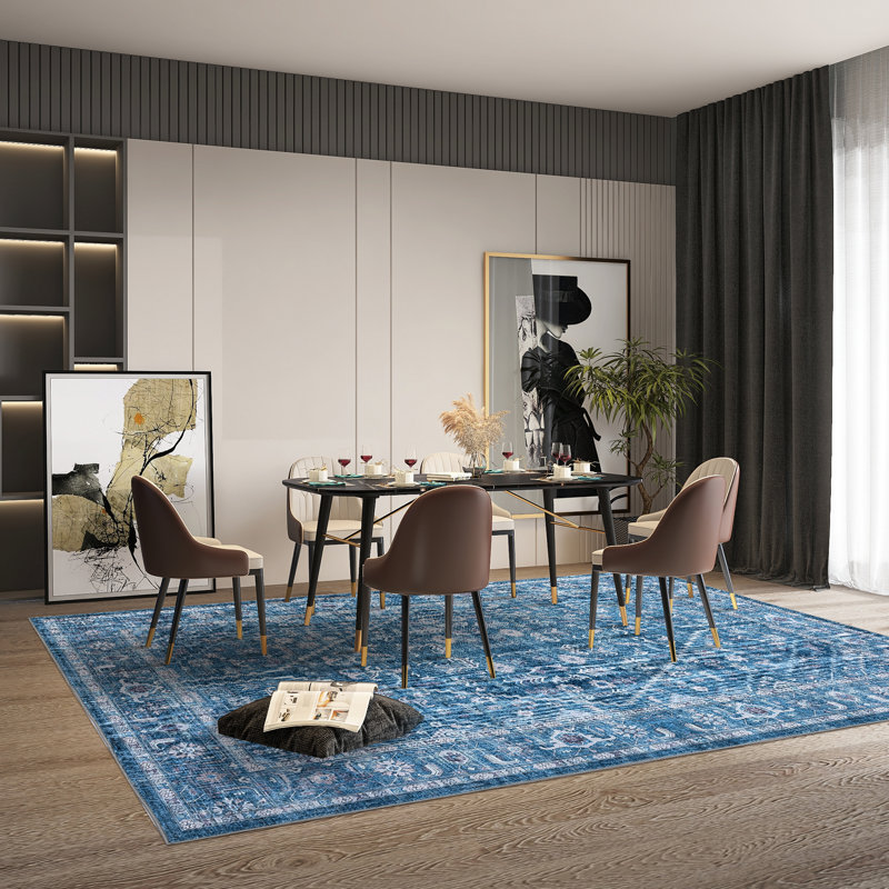 Area Rugs for Living Room Non-Slip Machine Washable Retro Rug Rug for Bedroom Dining Room Home Office, Blue