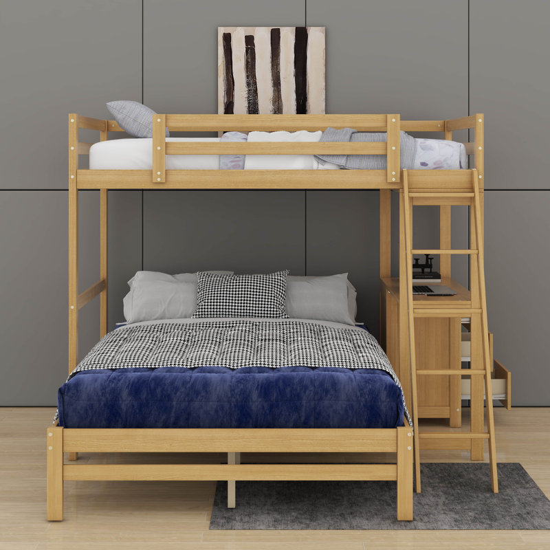 Lit simple superposé au dessus d'un lit double avec bureau intégré et tiroirs, Naturel