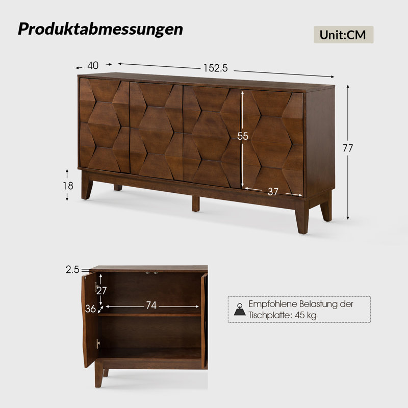 Whisnant Modern 152.4 Cm Wide Sideboard with Solid Wood Legs, Walnut