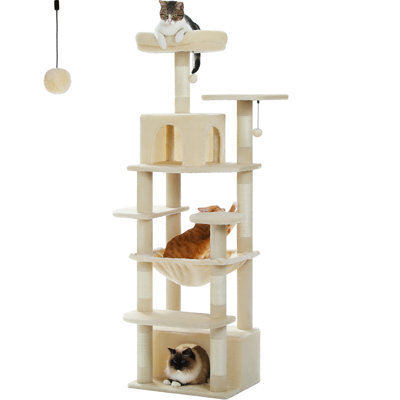 Large Cat Tower For Large Cats, Cat Condo With Sisal-Covered Scratching Posts And Pads, 2 Padded Perch, Dual Condo And Basket