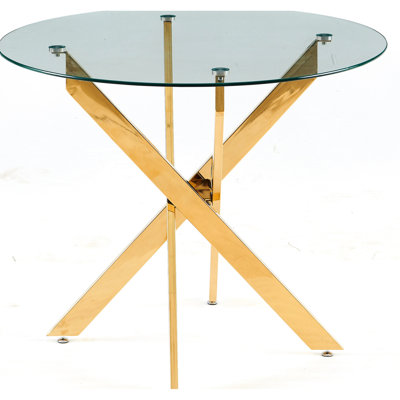 Golden Dining Table With Cross Metal Legs And Glass Top, 34.65 In Dimensions, Stable Structure Glass, Width, 41.43 Lb, Exquisite Craftsmanship